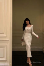 Classy Sheath Long Sleeves White Prom Dresses Birthday Outfits Evening Gown