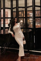Classy Sheath Long Sleeves White Prom Dresses Birthday Outfits Evening Gown