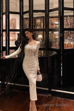 Classy Sheath Long Sleeves White Prom Dresses Birthday Outfits Evening Gown