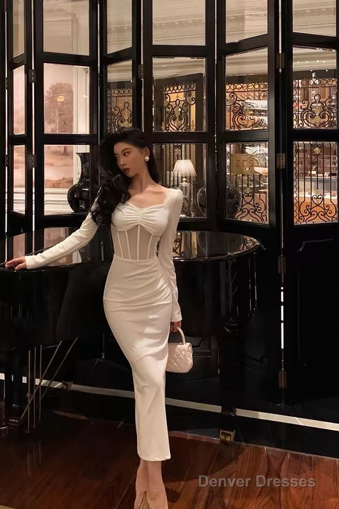 Classy Sheath Long Sleeves White Prom Dresses Birthday Outfits Evening Gown