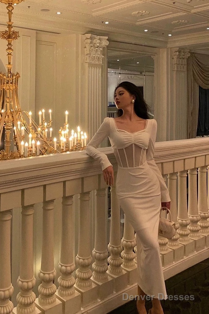 Classy Sheath Long Sleeves White Prom Dresses Birthday Outfits Evening Gown Main image