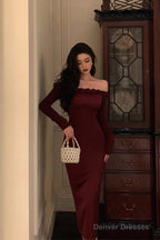 Classy Sheath Off The Shoulder Burgundy Long Sleeves Prom Dresses Birthday Outfits Evening Gown