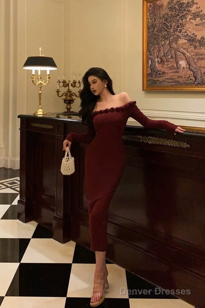 Classy Sheath Off The Shoulder Burgundy Long Sleeves Prom Dresses Birthday Outfits Evening Gown