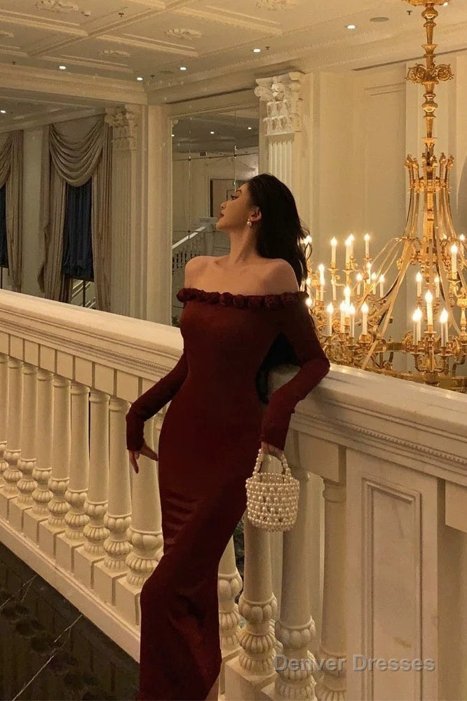 Classy Sheath Off The Shoulder Burgundy Long Sleeves Prom Dresses Birthday Outfits Evening Gown Main image