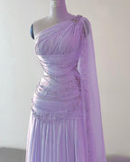 Classy Sheath One Shoulder Pink Long Chiffon Evening Gown Prom Dress