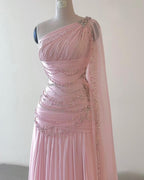 Classy Sheath One Shoulder Pink Long Chiffon Evening Gown Prom Dress