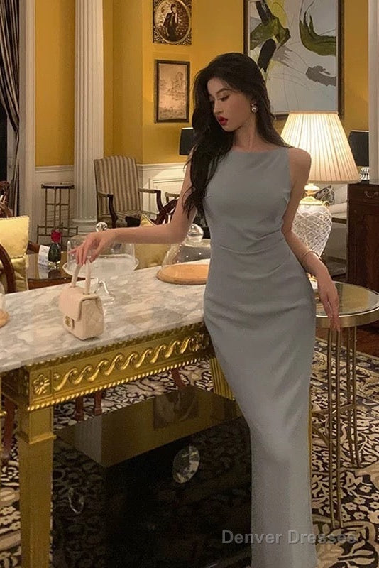 Classy Sheath Scoop Neckline Blue Prom Dresses Birthday Outfits Evening Gown