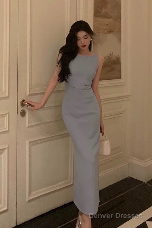 Classy Sheath Scoop Neckline Blue Prom Dresses Birthday Outfits Evening Gown Main image