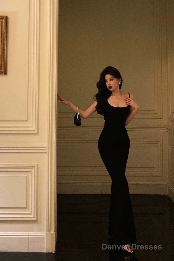 Classy Sheath Spaghetti Straps Black Long Prom Dresses Birthday Outfits Secondary image