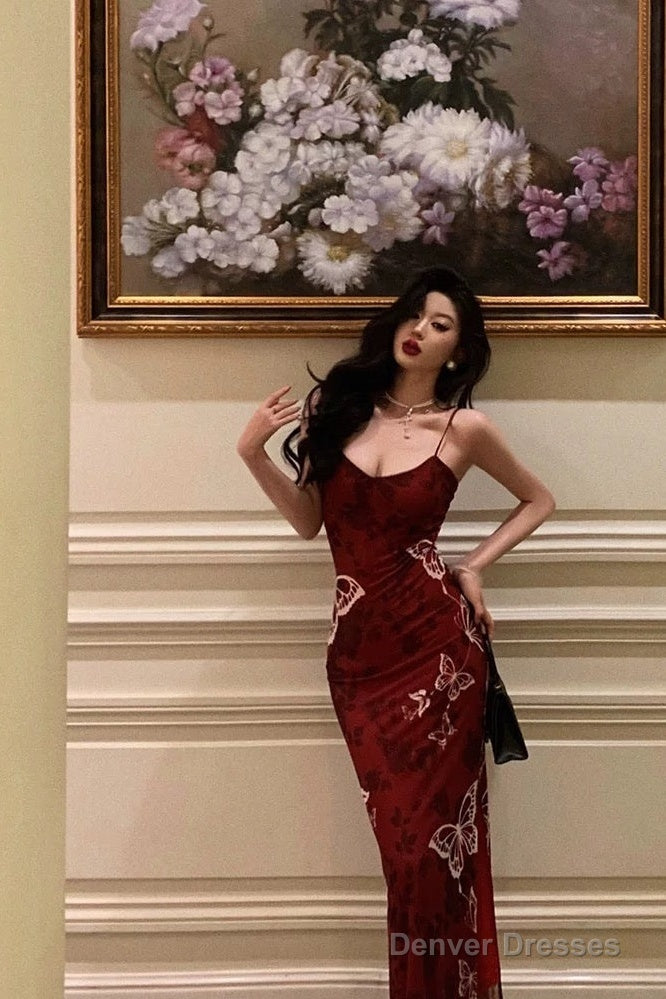 Classy Sheath Spaghetti Straps Burgundy Butterfly Prom Dresses Birthday Outfits Secondary image