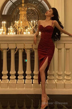 Classy Sheath Spaghetti Straps Burgundy Prom Dresses Birthday Outfits Evening Gown