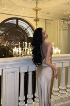 Classy Sheath Spaghetti Straps Champagne Prom Dresses Birthday Outfits Evening Gown