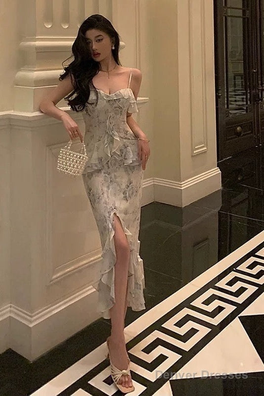 Classy Sheath Spaghetti Straps Chiffon Floral Prom Dresses Birthday Outfits Evening Gown