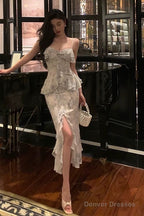 Classy Sheath Spaghetti Straps Chiffon Floral Prom Dresses Birthday Outfits Evening Gown