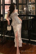 Classy Sheath Spaghetti Straps Chiffon Floral Prom Dresses Birthday Outfits Evening Gown