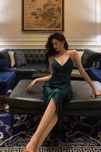 Classy Sheath Spaghetti Straps Dark Green Satin Prom Dresses Birthday Outfits Evening Gown