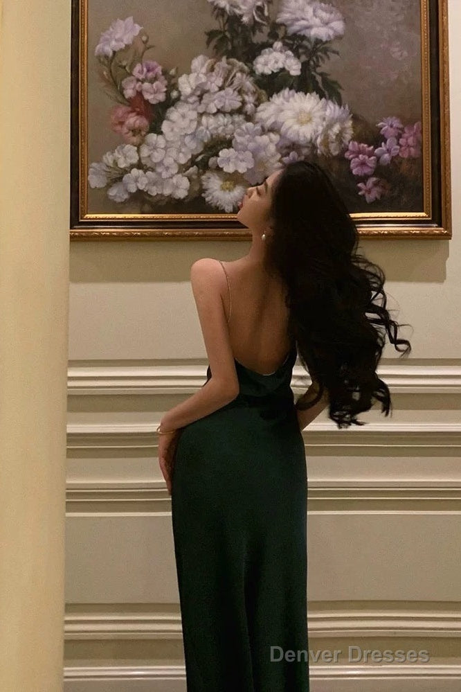 Classy Sheath Spaghetti Straps Dark Green Satin Prom Dresses Birthday Outfits Evening Gown