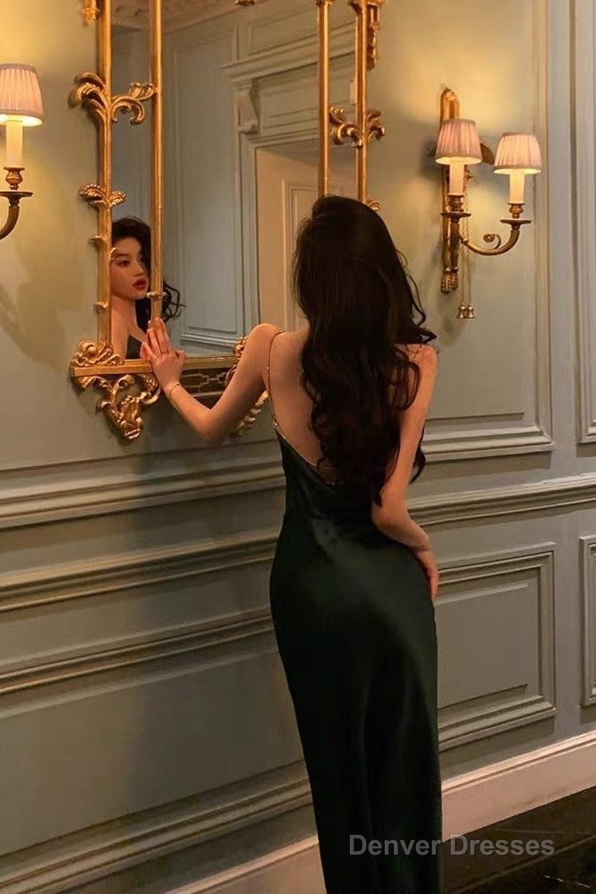 Classy Sheath Spaghetti Straps Dark Green Satin Prom Dresses Birthday Outfits Evening Gown