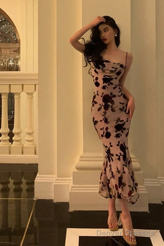 Classy Sheath Spaghetti Straps Floral Backless Prom Dresses Birthday Outfits Party Dress