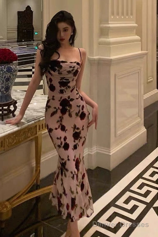 Classy Sheath Spaghetti Straps Floral Backless Prom Dresses Birthday Outfits Party Dress