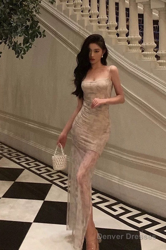 Classy Sheath Spaghetti Straps Floral Long Prom Dresses Birthday Outfits Evening Gown