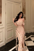 Classy Sheath Spaghetti Straps Floral Long Slit Prom Dresses Birthday Outfits Evening Gown