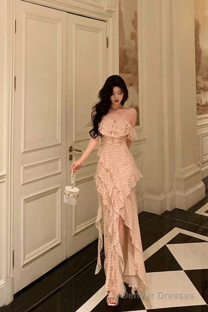 Classy Sheath Spaghetti Straps Floral Long Slit Prom Dresses Birthday Outfits Evening Gown