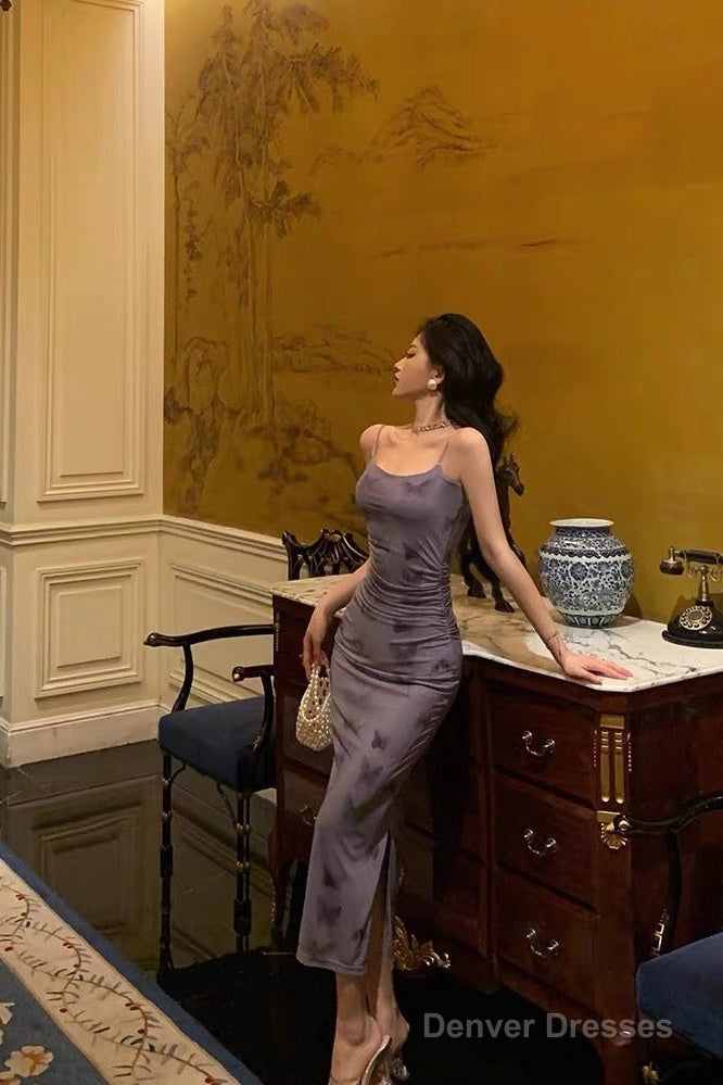 Classy Sheath Spaghetti Straps Grape Long Prom Dresses Birthday Outfits Evening Gown Main image