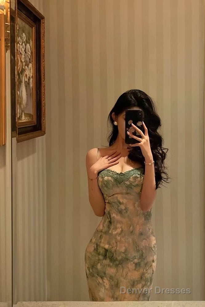 Classy Sheath Spaghetti Straps Green Floral Lace Prom Dresses Birthday Outfits Evening Gown Secondary image