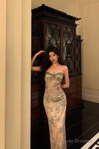 Classy Sheath Spaghetti Straps Green Floral Lace Prom Dresses Birthday Outfits Evening Gown