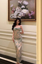 Classy Sheath Spaghetti Straps Green Floral Lace Prom Dresses Birthday Outfits Evening Gown