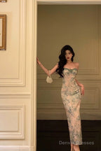 Classy Sheath Spaghetti Straps Green Floral Lace Prom Dresses Birthday Outfits Evening Gown