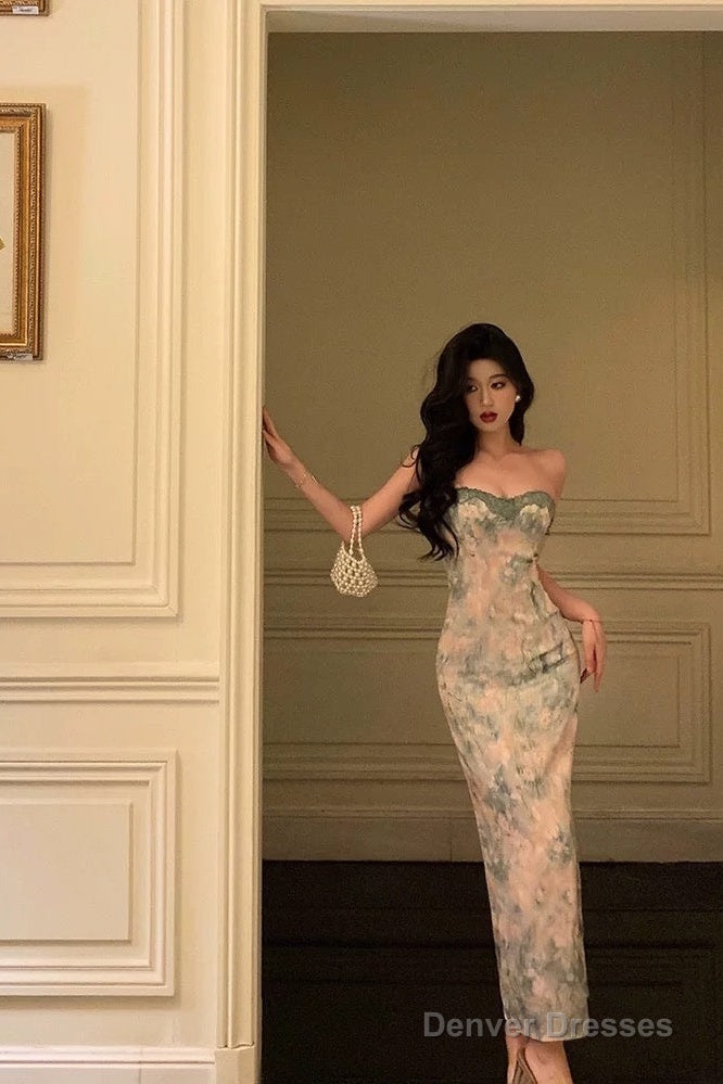 Classy Sheath Spaghetti Straps Green Floral Lace Prom Dresses Birthday Outfits Evening Gown