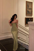 Classy Sheath Spaghetti Straps Green Long Prom Dresses Birthday Outfits Evening Gown