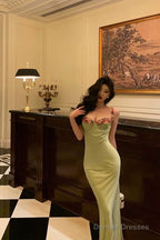 Classy Sheath Spaghetti Straps Green Long Prom Dresses Birthday Outfits Evening Gown