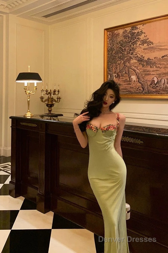 Classy Sheath Spaghetti Straps Green Long Prom Dresses Birthday Outfits Evening Gown