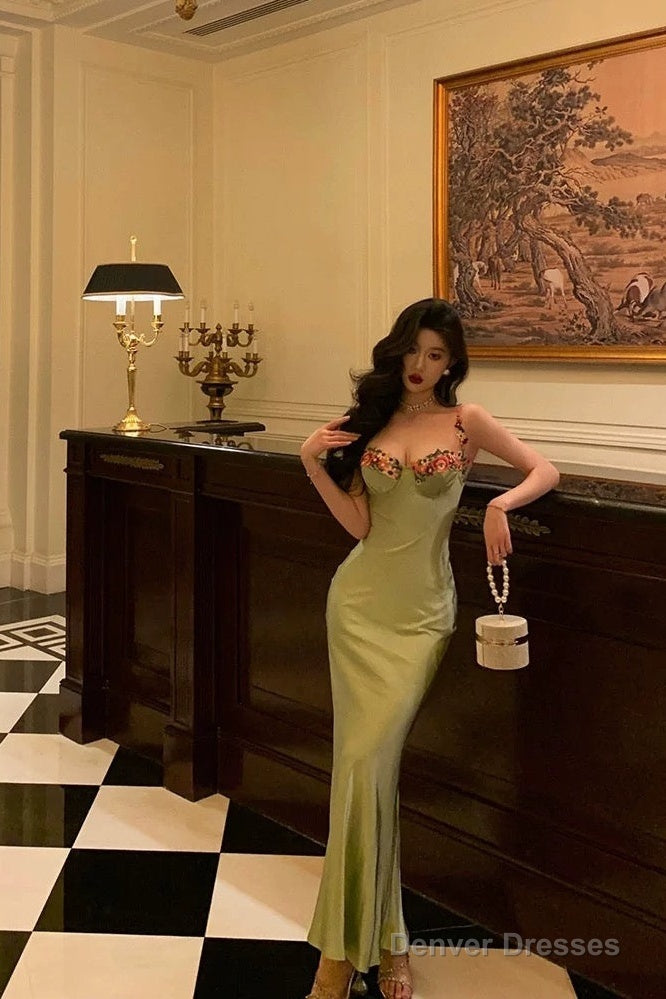 Classy Sheath Spaghetti Straps Green Long Prom Dresses Birthday Outfits Evening Gown