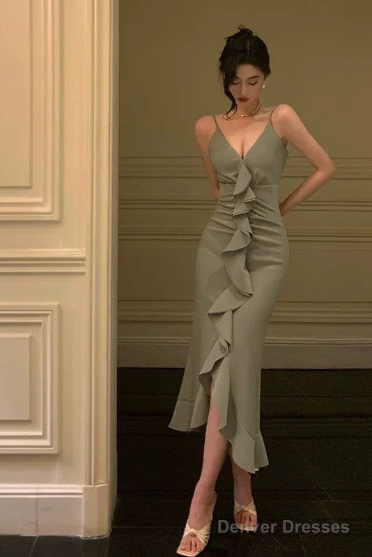 Classy Sheath Spaghetti Straps Green Ruffles Prom Dresses Birthday Outfits Evening Gown Main image