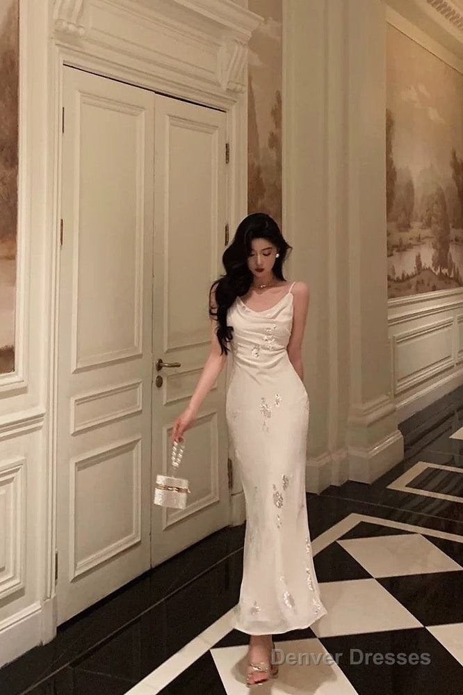 Classy Sheath Spaghetti Straps Ivory Chiffon Prom Dresses Birthday Outfits Evening Gown Main image