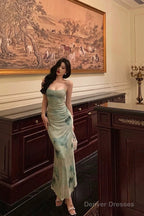 Classy Sheath Spaghetti Straps Mint Green Floral Prom Dresses Birthday Outfits Evening Gown