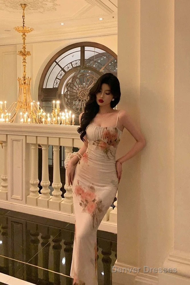 Classy Sheath Spaghetti Straps Pink Floral Prom Dresses Birthday Outfits Evening Gown