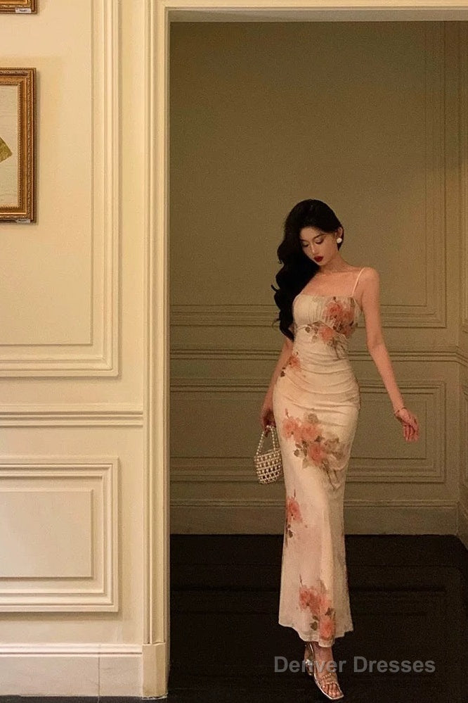 Classy Sheath Spaghetti Straps Pink Floral Prom Dresses Birthday Outfits Evening Gown