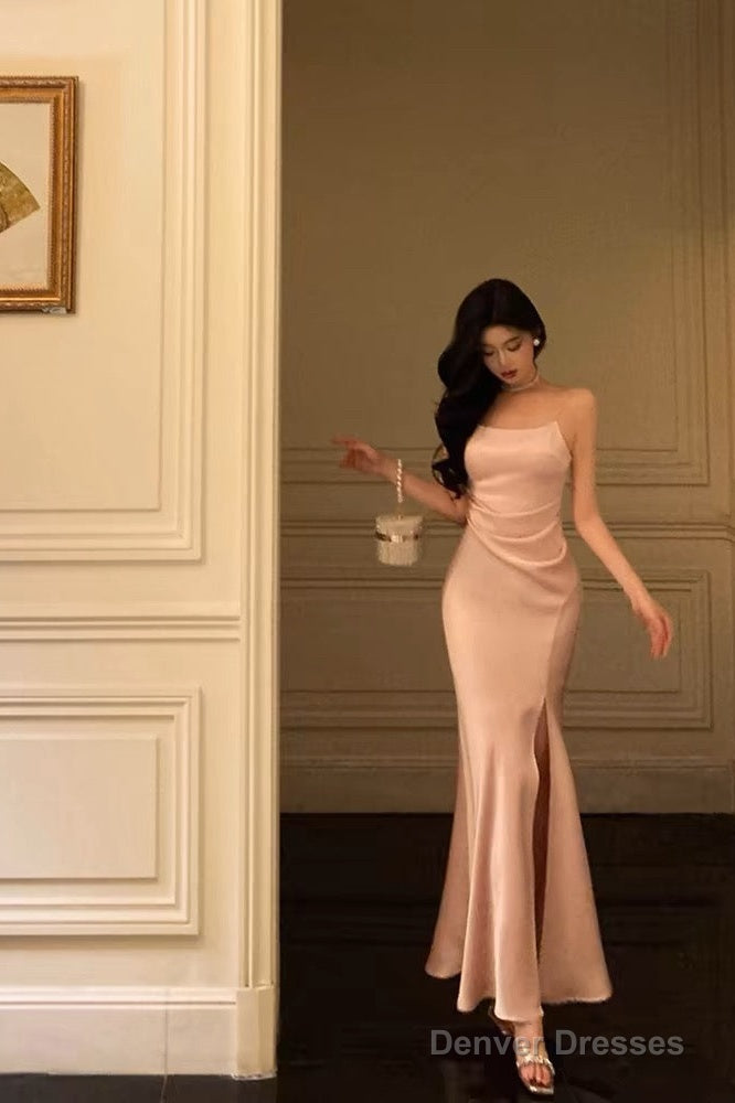 Classy Sheath Spaghetti Straps Pink Satin Prom Dresses Birthday Outfits Evening Gown