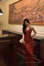 Classy Sheath Spaghetti Straps Red Lace Prom Dresses Birthday Outfits Evening Gown