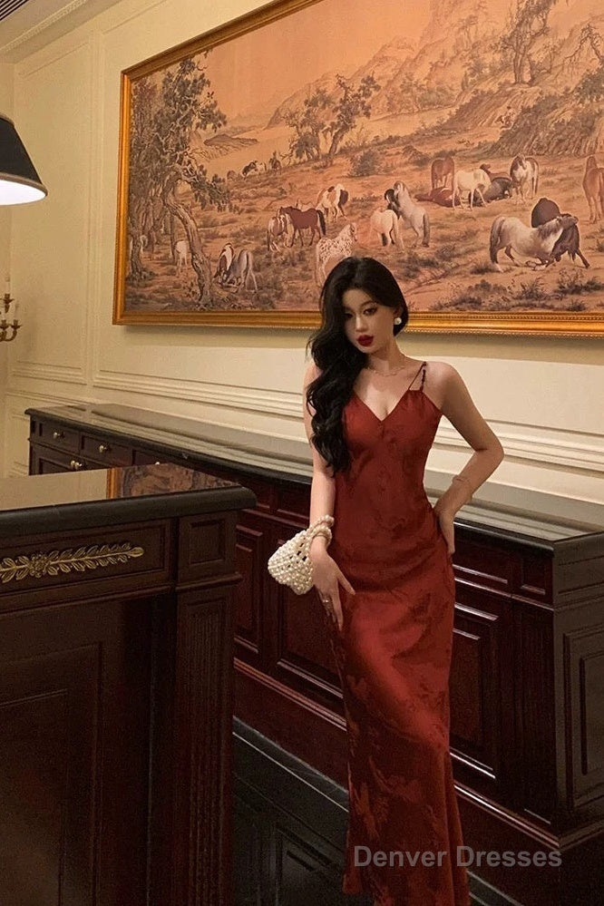 Classy Sheath Spaghetti Straps Red Lace Prom Dresses Birthday Outfits Evening Gown