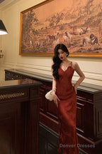 Classy Sheath Spaghetti Straps Red Lace Prom Dresses Birthday Outfits Evening Gown