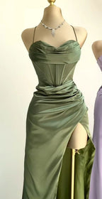 Classy Sheath Spaghetti Straps Red Satin Sleeveless Long Backless Prom Dress