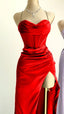 Classy Sheath Spaghetti Straps Red Satin Sleeveless Long Backless Prom Dress