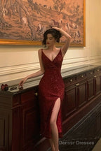 Classy Sheath Spaghetti Straps Red Sequin Prom Dresses Birthday Outfits Evening Gown