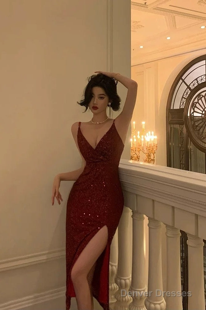 Classy Sheath Spaghetti Straps Red Sequin Prom Dresses Birthday Outfits Evening Gown